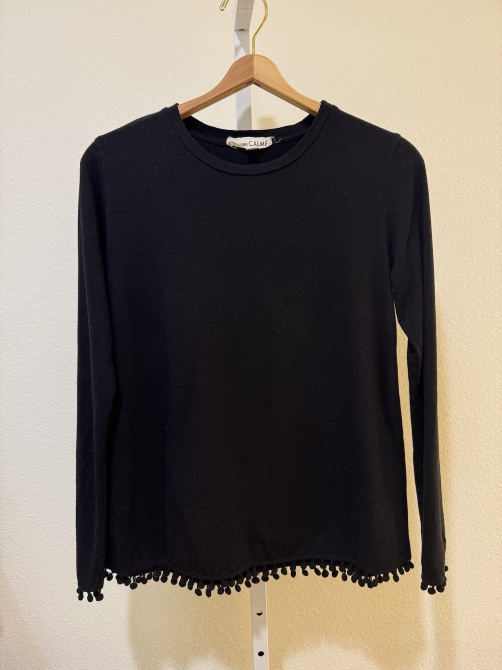 Johnny Was Calme Bamboo Cotton Long Sleeve Top Sz S Black Pom Pom Trim USA